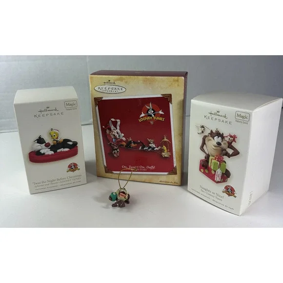 4 Looney Tunes Christmas Ornaments Taz Tweety Bugs Bunny Sylvester Holiday Sound - Picture 15 of 15